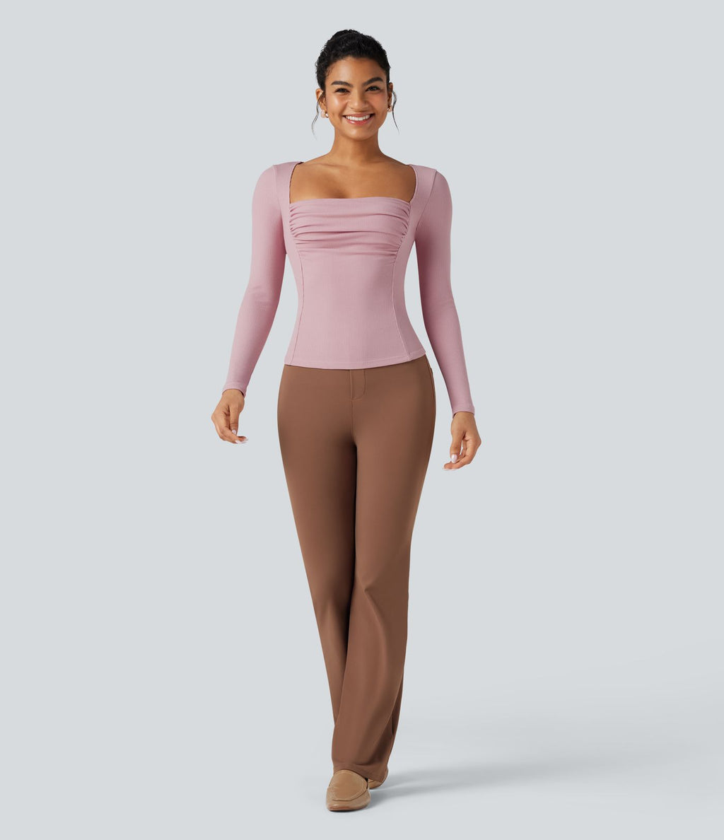 T-shirt tailleur côtelé col carré froncé manches longues
