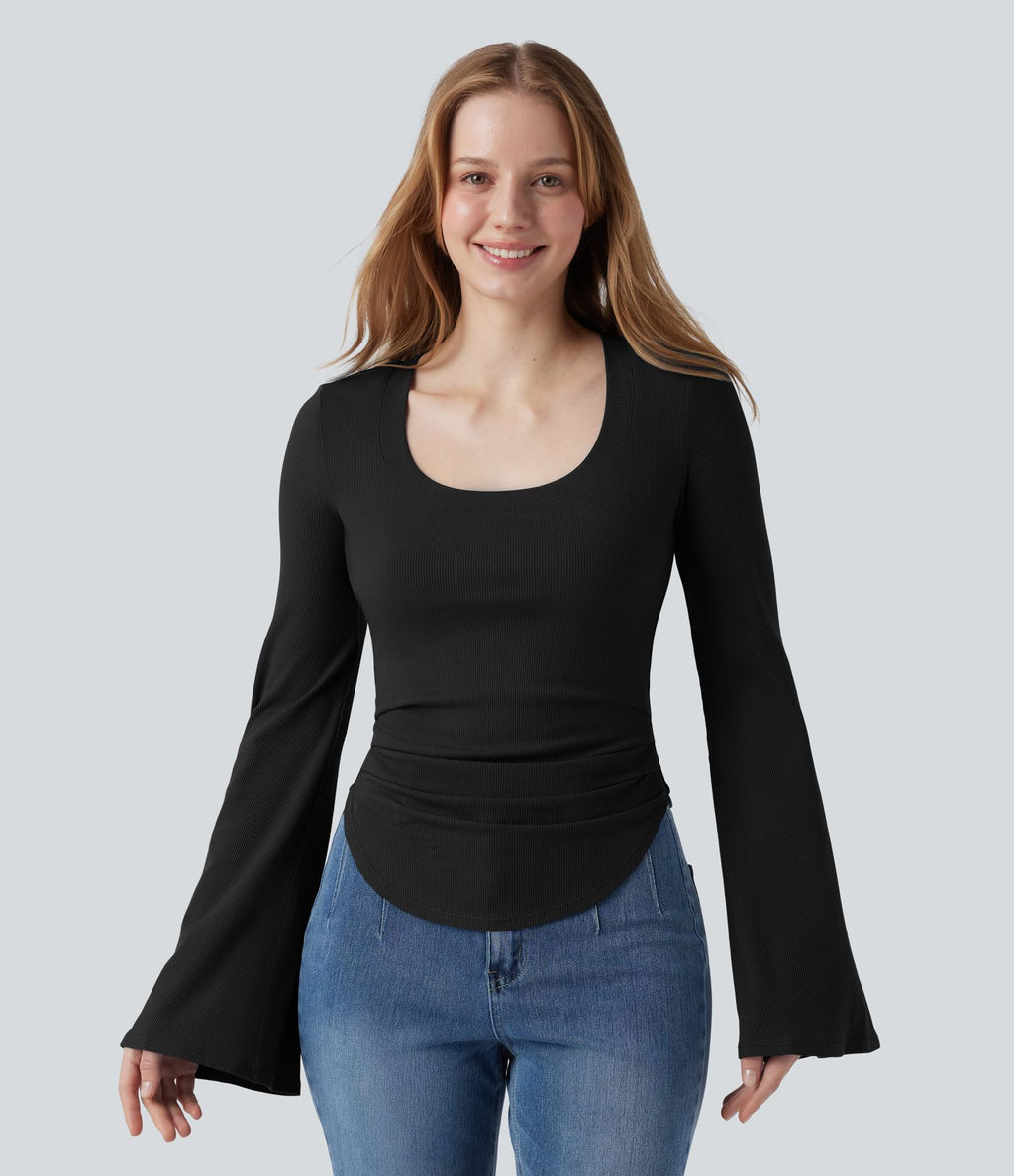 T-shirt en maille côtelée décolleté carré manches à volants froncé ourlet arrondi