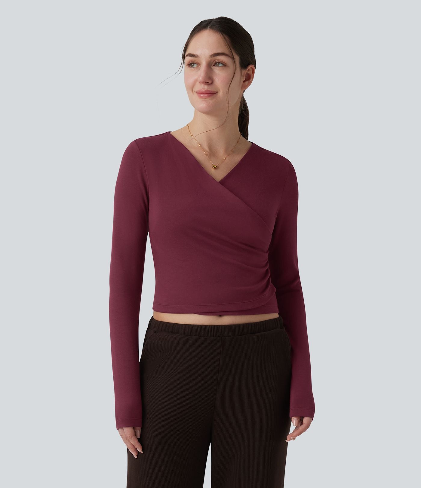 Top réchauffant casual Halara HeatCore col V manches longues croisé avec fronces