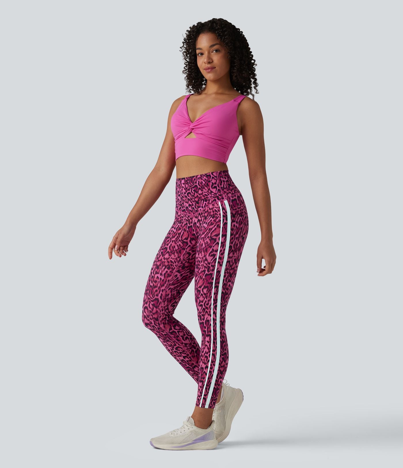 Legging 7/8 d'entraînement taille haute gainant imprimé léopard et rayures color block Halara UltraSculpt™ avec poches