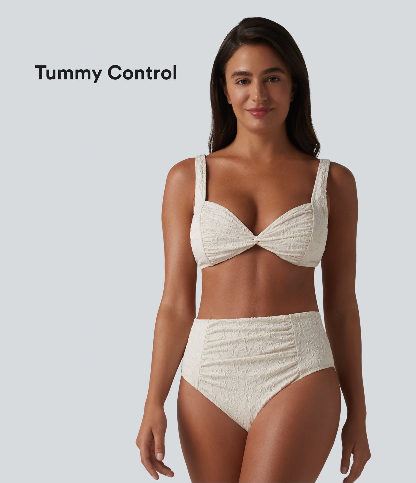 Ensemble bikini jacquard ventre plat bretelles réglables détail torsadé et froncé