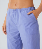 Pantalon de yoga déperlant résistant à l'usure taille basse avec cordon ajustable, poches latérales et jambes droites