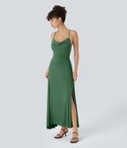 Robe Soirée Midi Encolure Côtelée Dos Nu Lacets Croisés Fendue