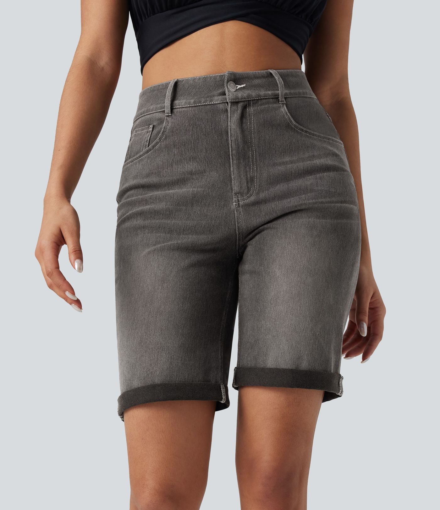 Bermuda décontracté en jean extensible délavé Halara Flex™ taille haute avec revers et multiples poches