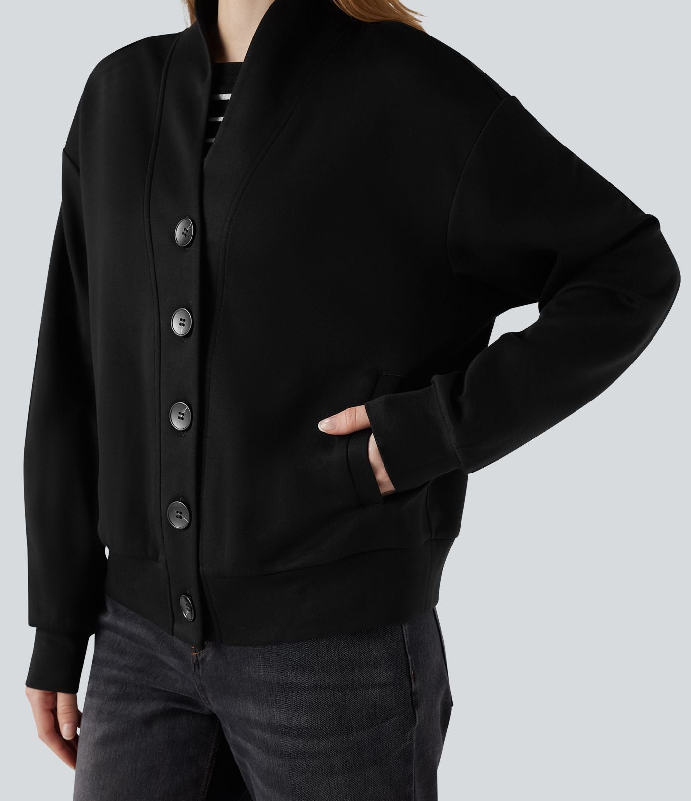 Sweat-shirt col V à manches longues avec boutonnage et poches