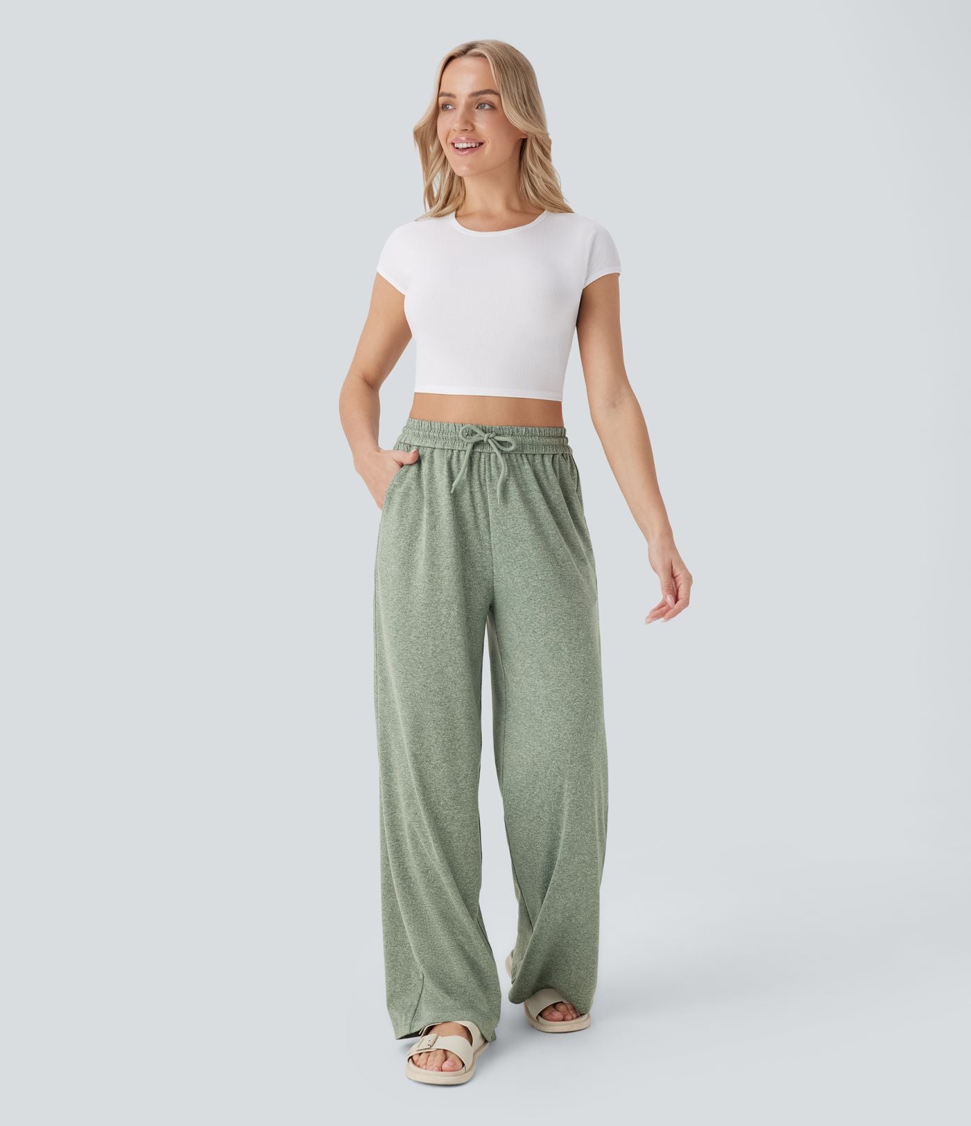 Pantalon large décontracté taille haute avec cordon de serrage et poches latérales
