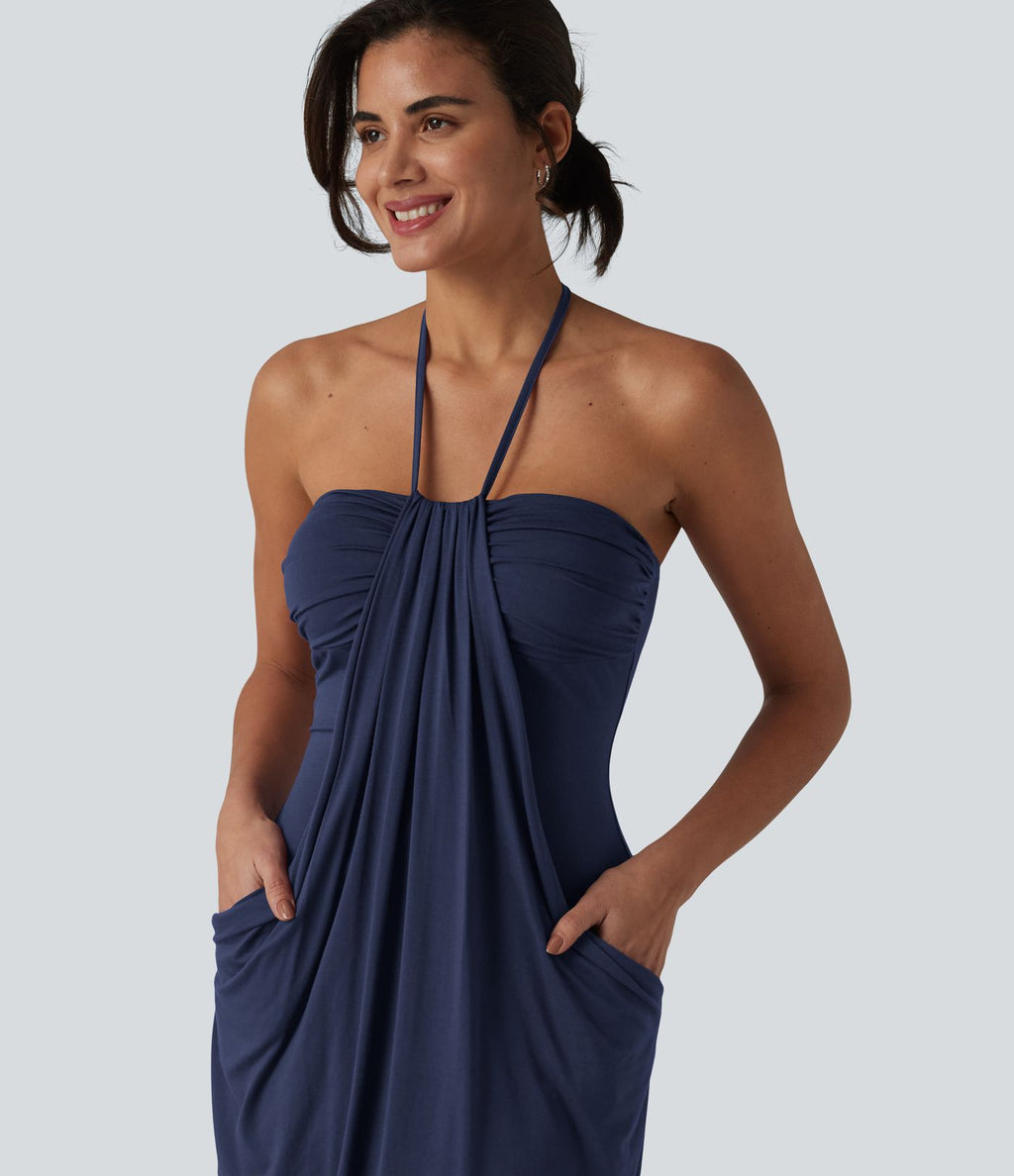 Robe resort mini dos nu à col licou avec lien noué dans le dos et poches