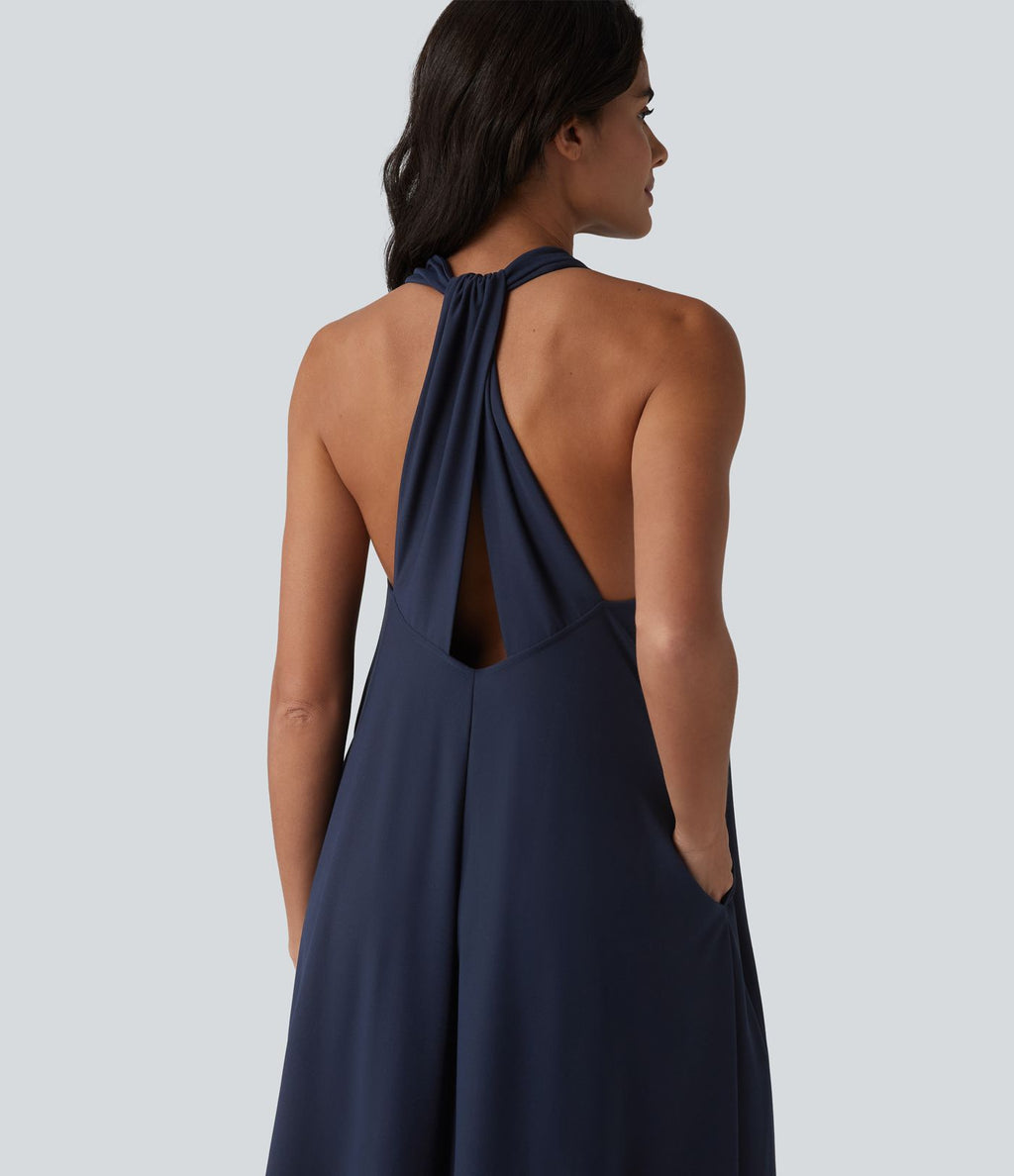 Robe midi décontractée col V avec poches