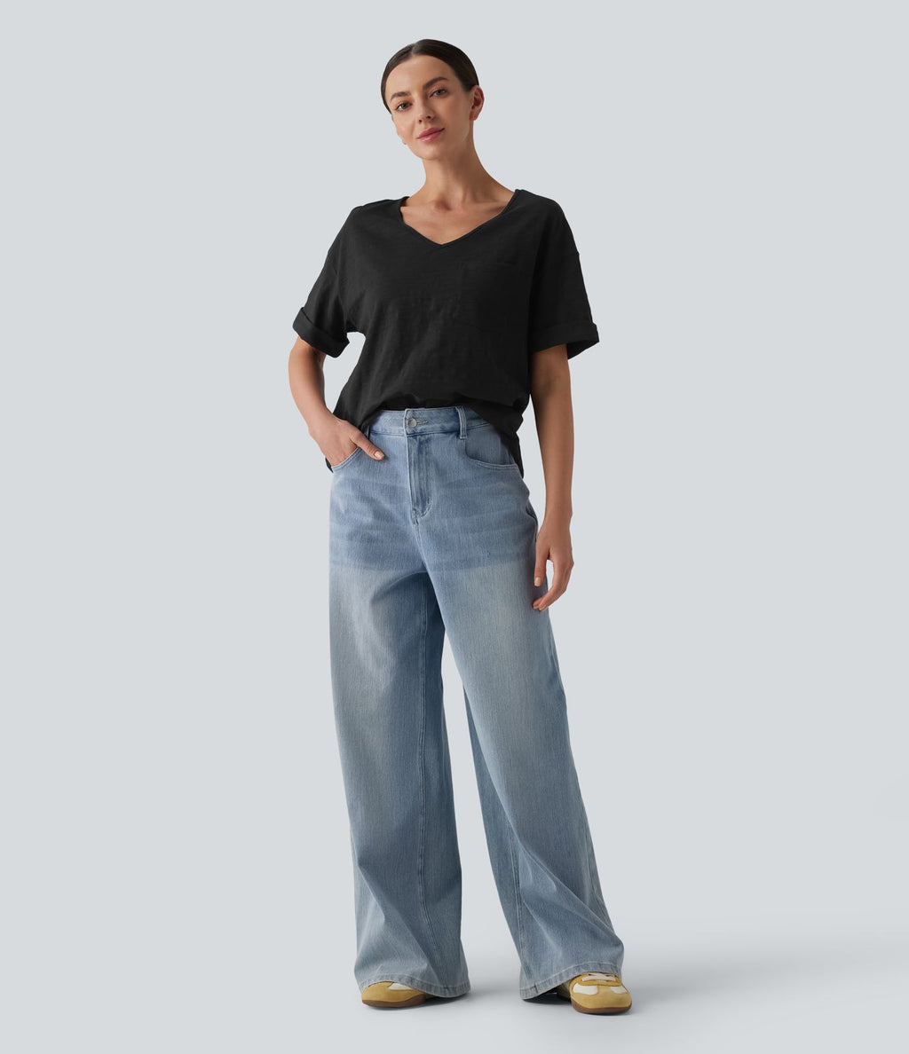 T-shirt casual ample col cœur manches courtes retroussées en coton slub avec poche