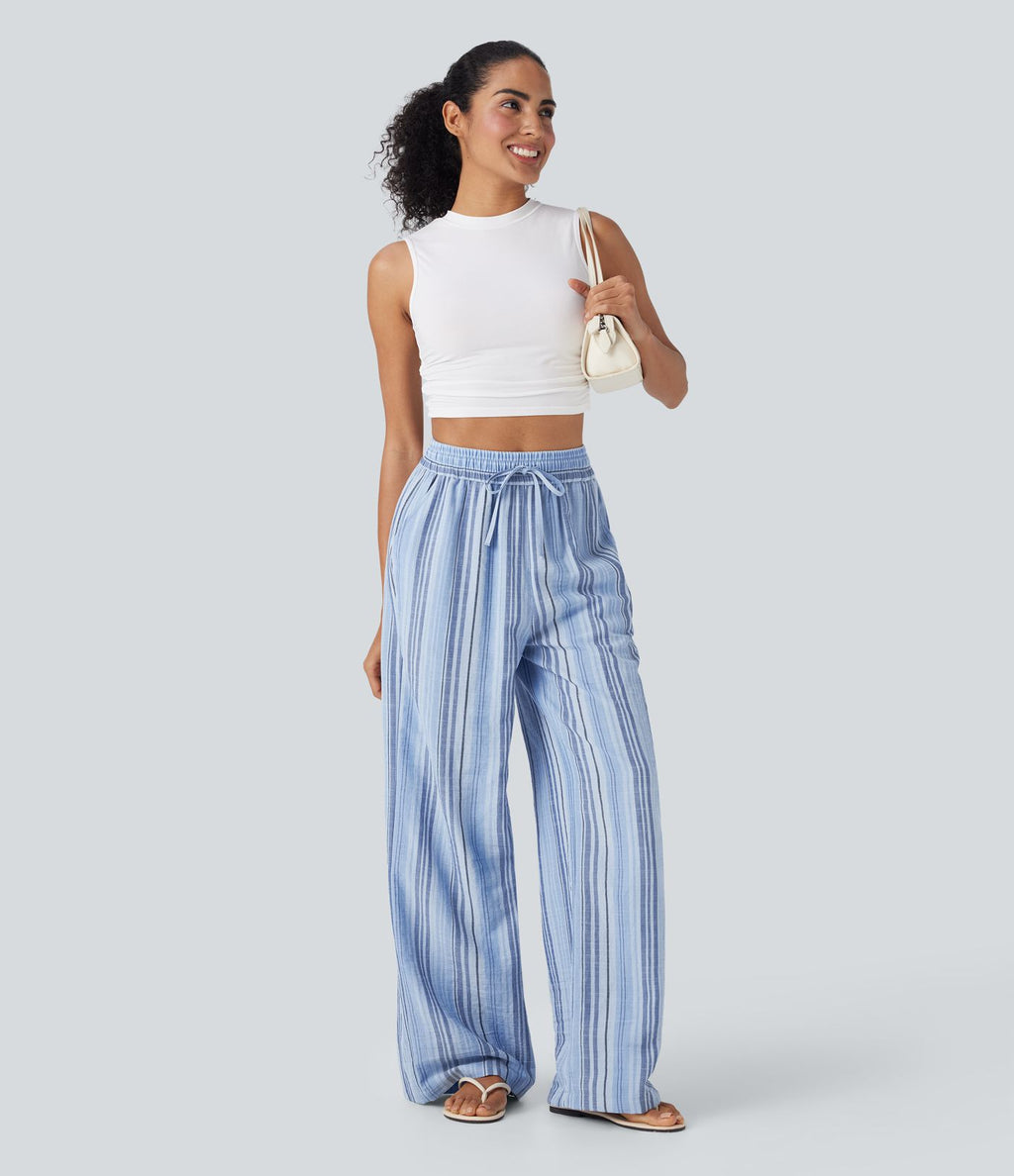 Pantalon large fluide taille haute avec cordon de serrage, rayures, aspect lin et poches latérales