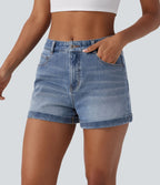 Short 7,5 cm décontracté en jean extensible Halara Flex™ taille moyenne avec boutons, zip et multiples poches