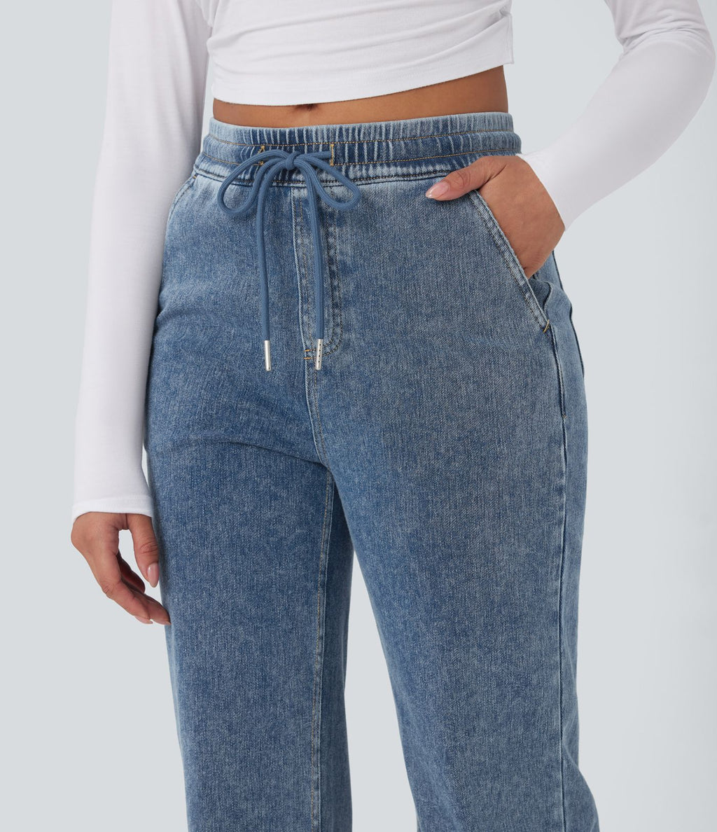 Pantalon décontracté droit taille mi-haute avec cordon et poches