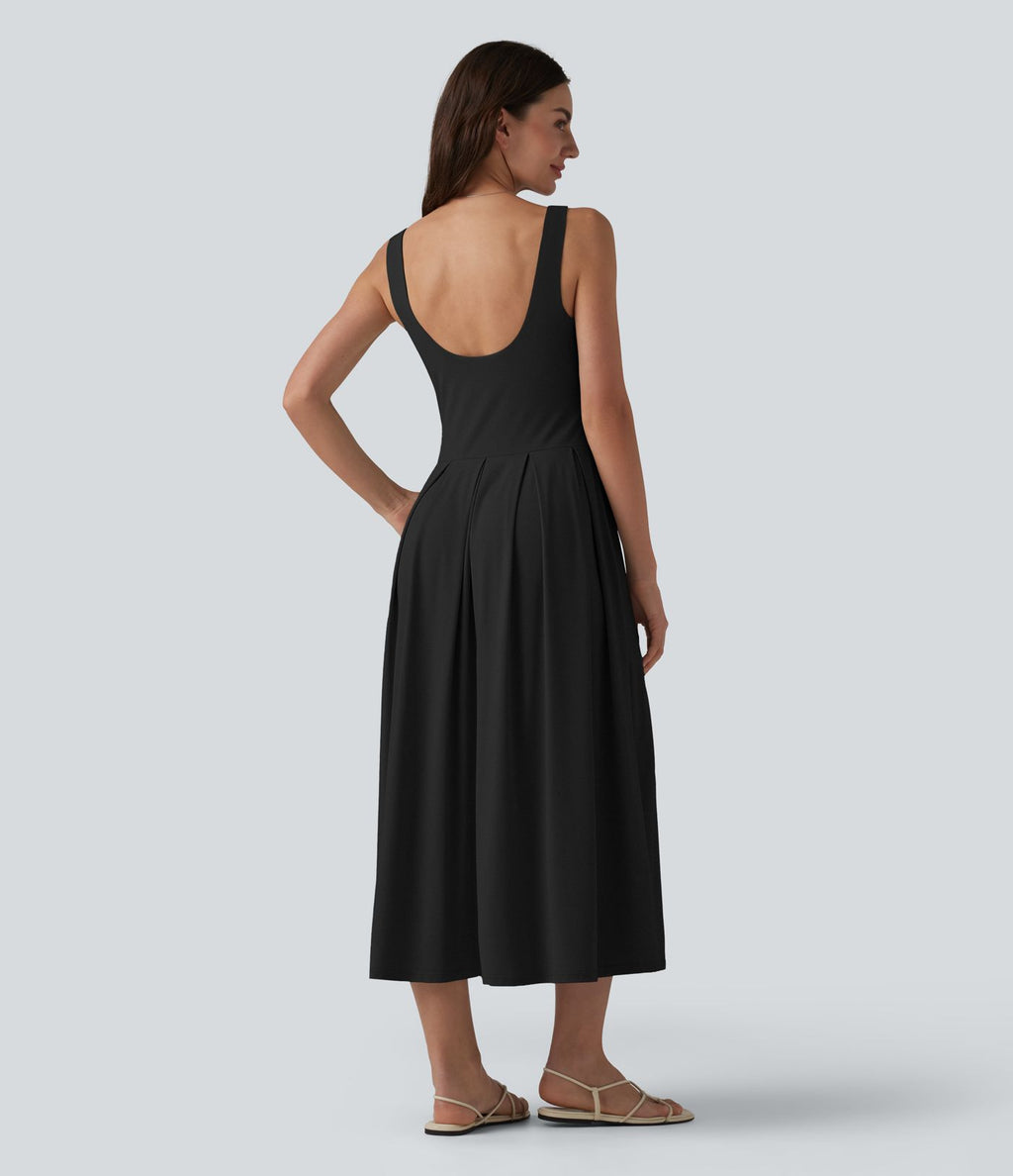 Robe midi fluide à bretelles col U avec brassière intégrée et poches
