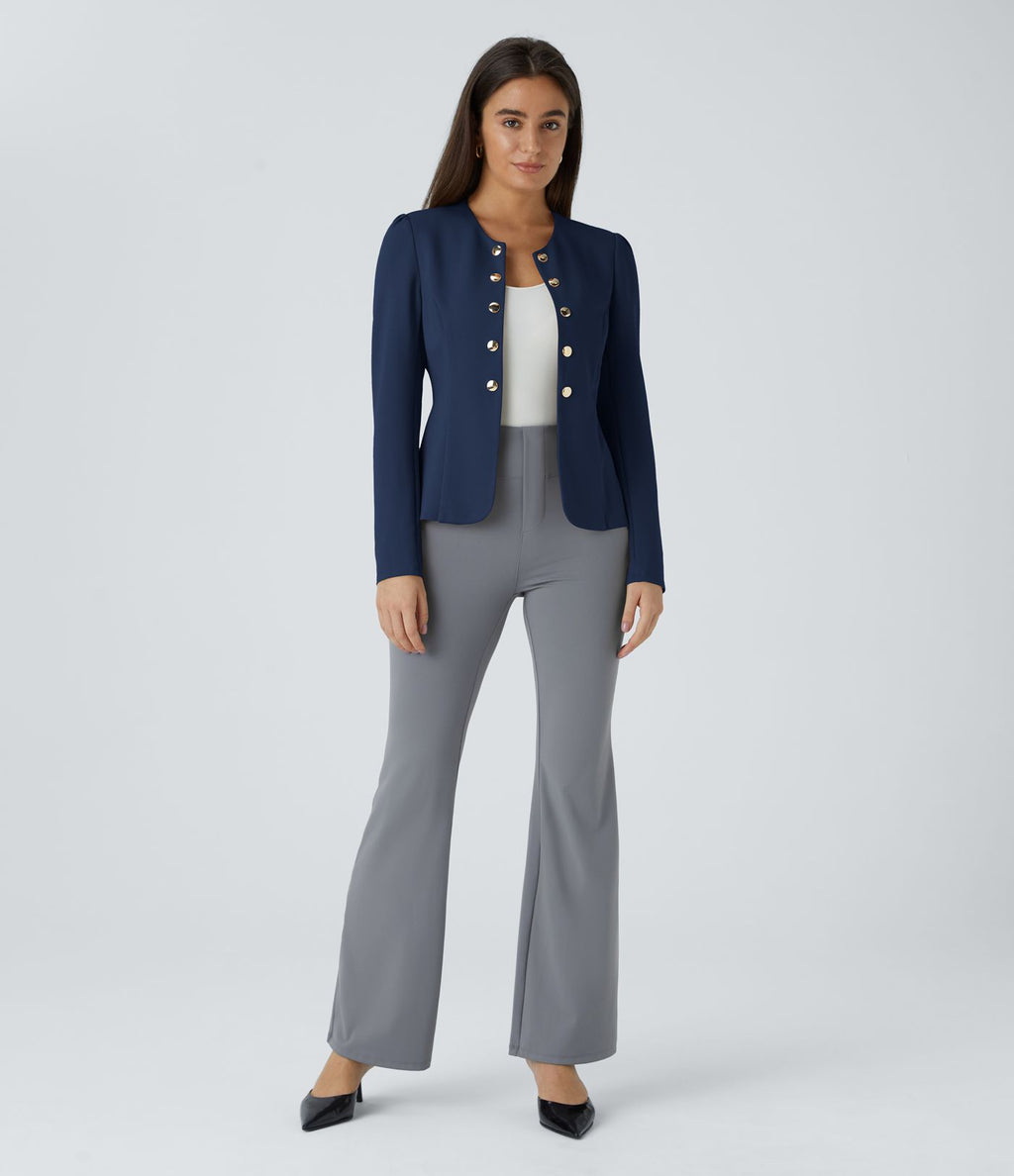 Blazer tailleur ajusté à col rond, manches longues avec boutons décoratifs