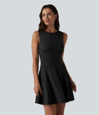 Robe mini évasée décontractée sans manches col bateau avec poches