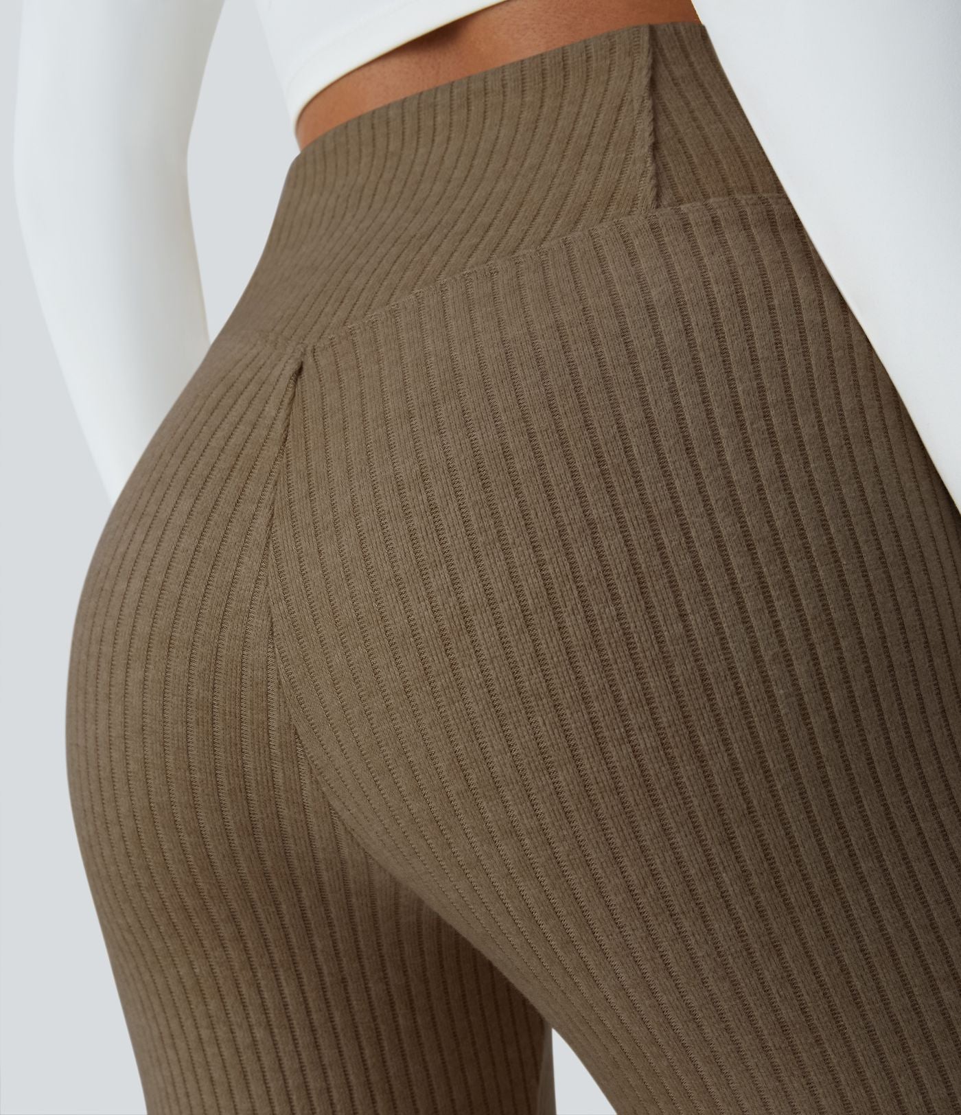 Pantalon Taille Haute Casual Évasés en Tricot Côtelé avec Poches Latérales et Croisé