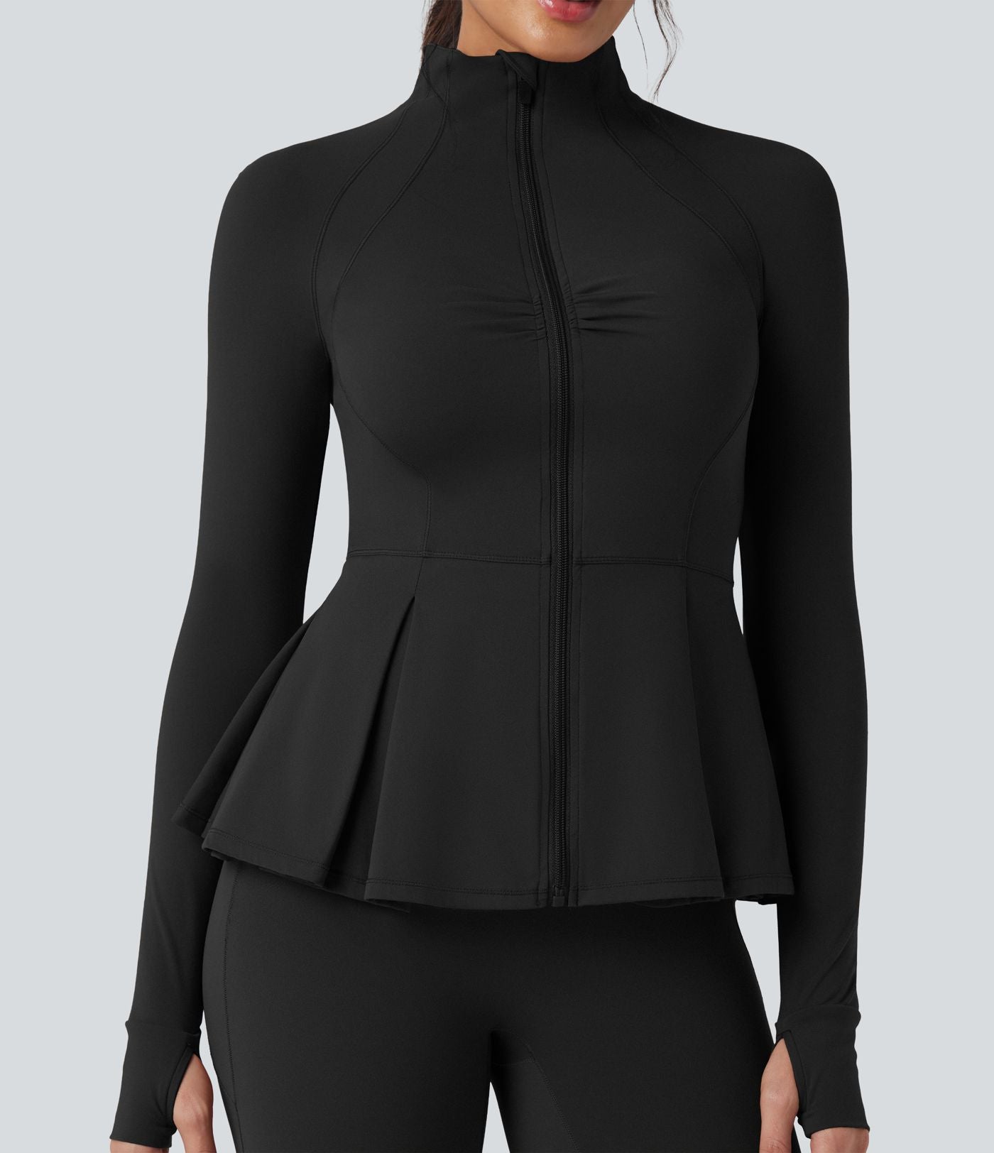 Veste de yoga ajustée SoftlyZero™ Plush col montant à trous pouces froncée ourlet plissé
