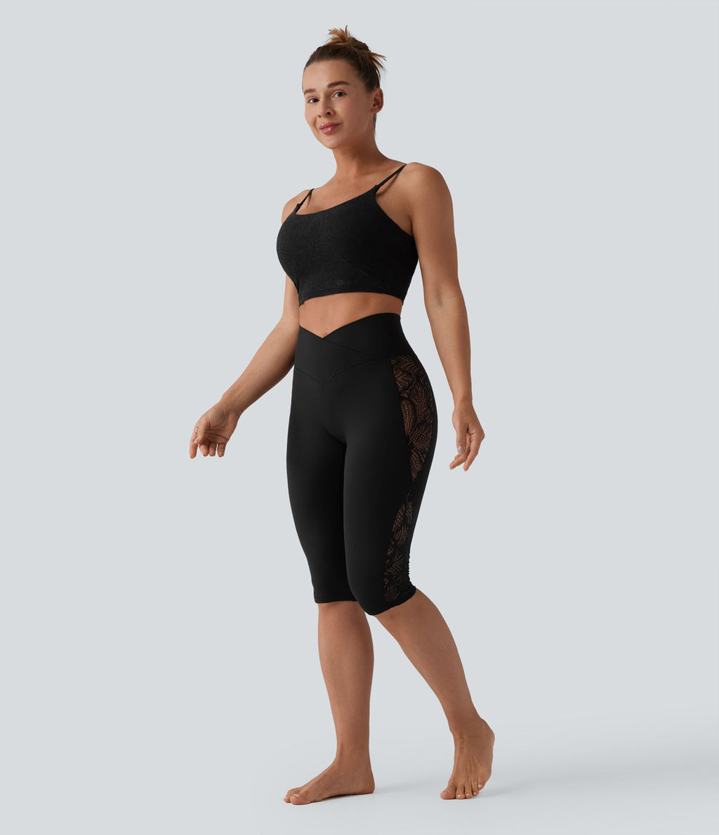 Legging de yoga corsaire SoftlyZero™ taille haute croisé dentelle contrastante avec poche - UPF50+