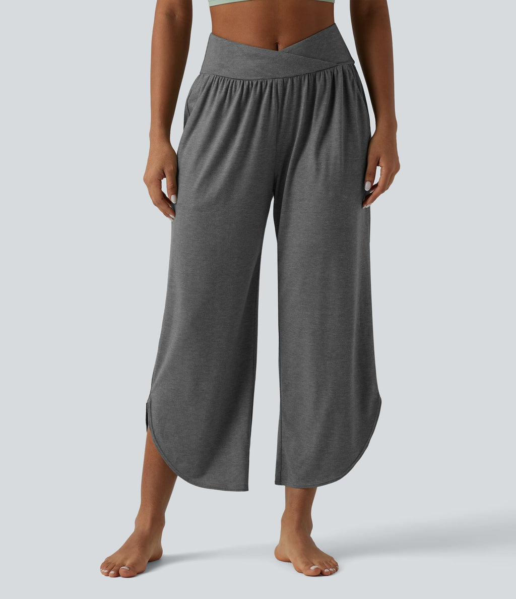 Pantalon décontracté taille haute croisé à ourlet courbe avec poches
