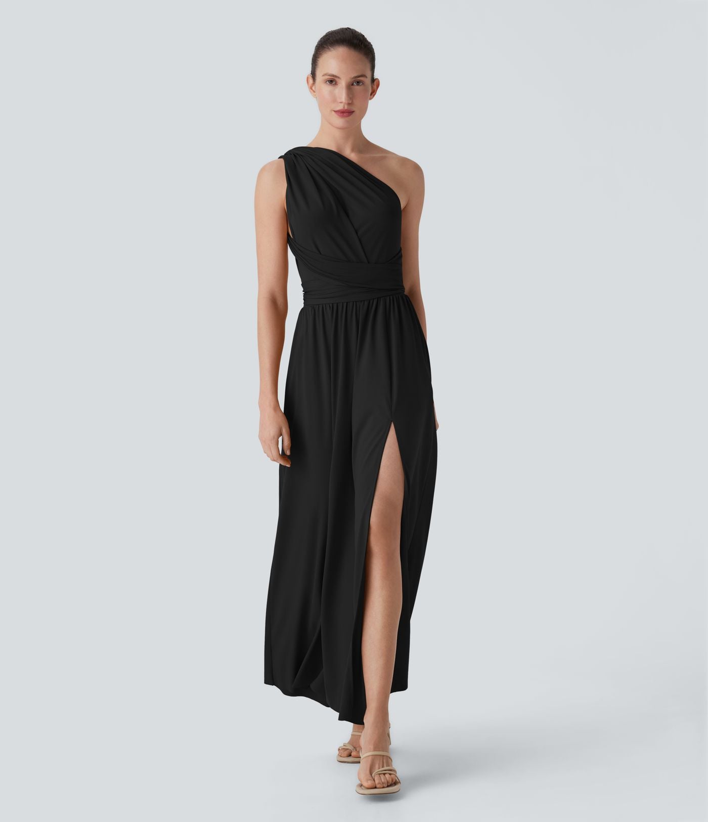 Robe longue de soirée col V, manches courtes, dos croisé à nouer, fendue avec poche latérale