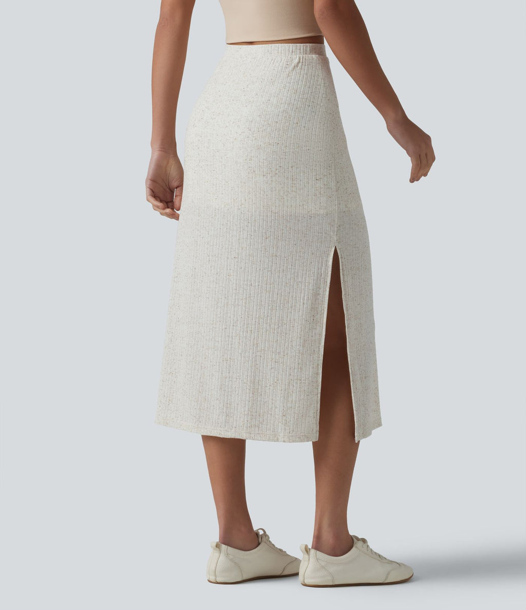 Jupe midi moulante côtelée taille haute aspect lin décontractée