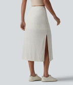 Jupe midi moulante côtelée taille haute aspect lin décontractée