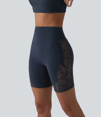 Short cycliste de yoga Halara UltraSculpt™ taille haute ventre plat en dentelle contrastée, 17,5 cm, avec poche