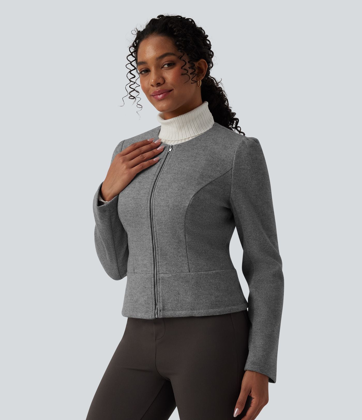 Veste tailleur polaire col rond manches longues à fermeture éclair