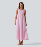 Robe débardeur midi décontractée col rond sans manches en vichy froissé avec poches