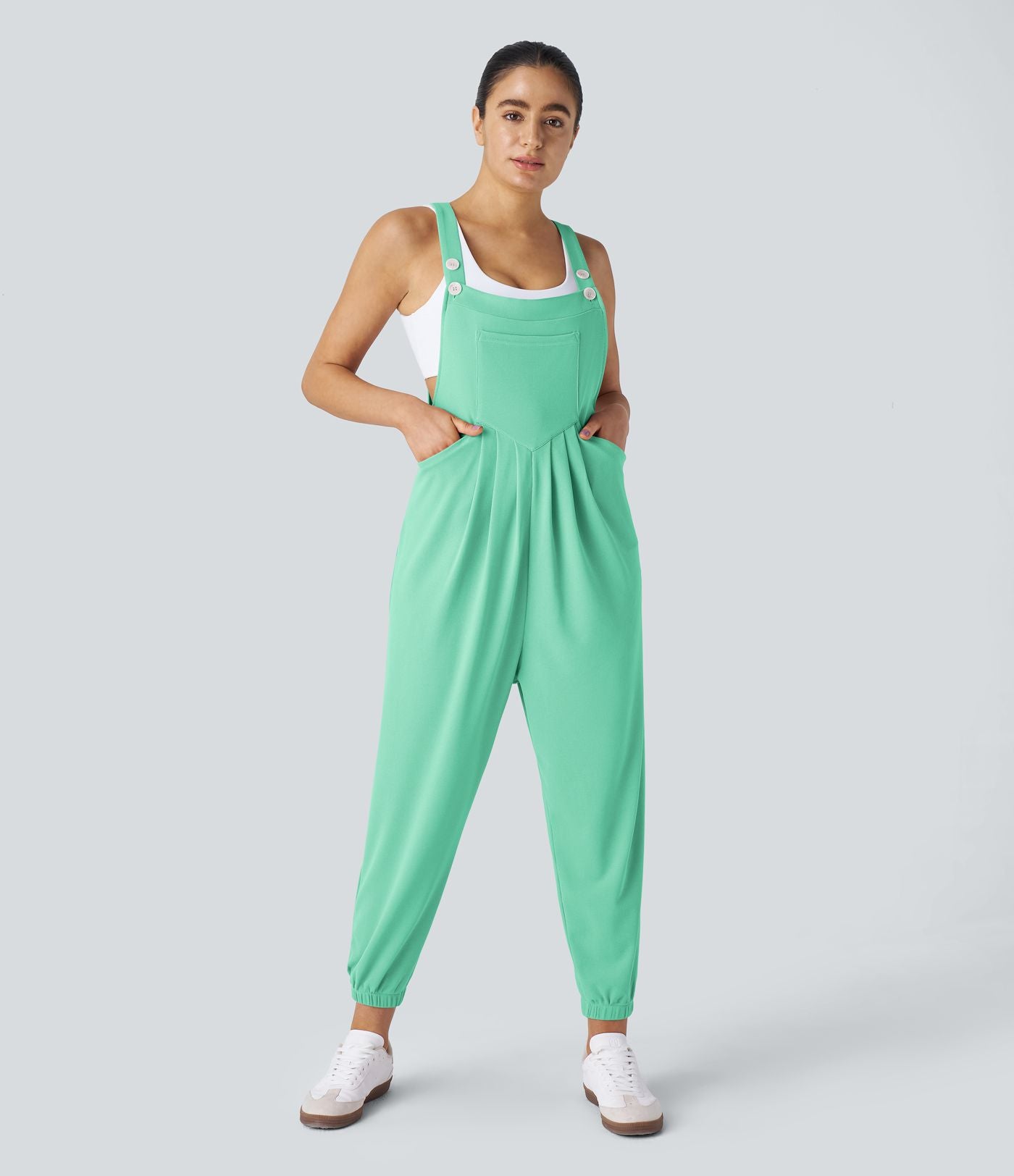 Salopette Casual Bretelles Ajustables Boutonnés Multiples Poches Plis et Tissu Gaufré