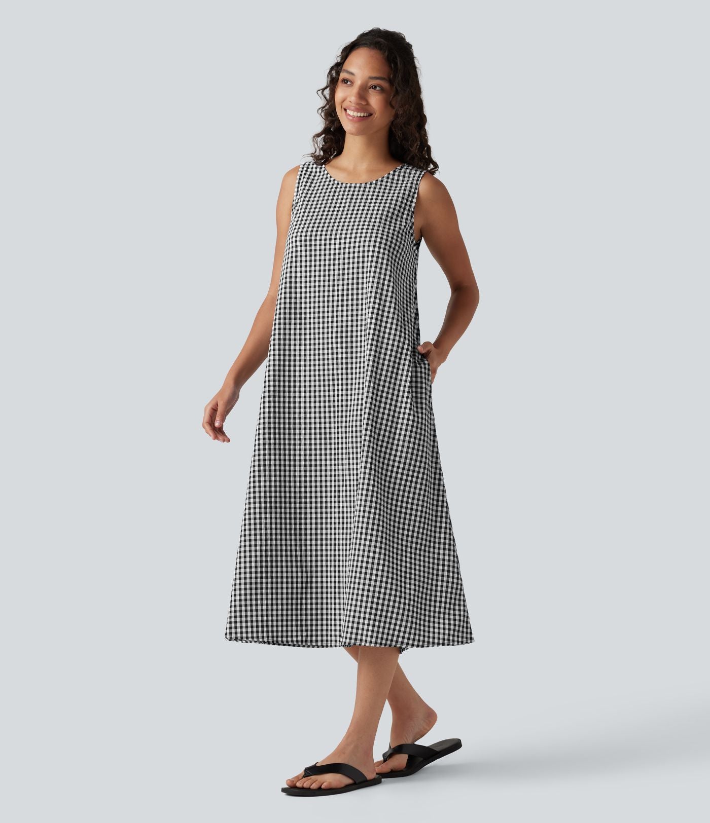 Robe débardeur midi décontractée en vichy froissé, col rond, sans manches, à poches
