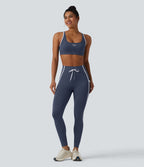 Legging de yoga 7/8 ventre plat taille haute avec cordon de serrage rayé color block et poches