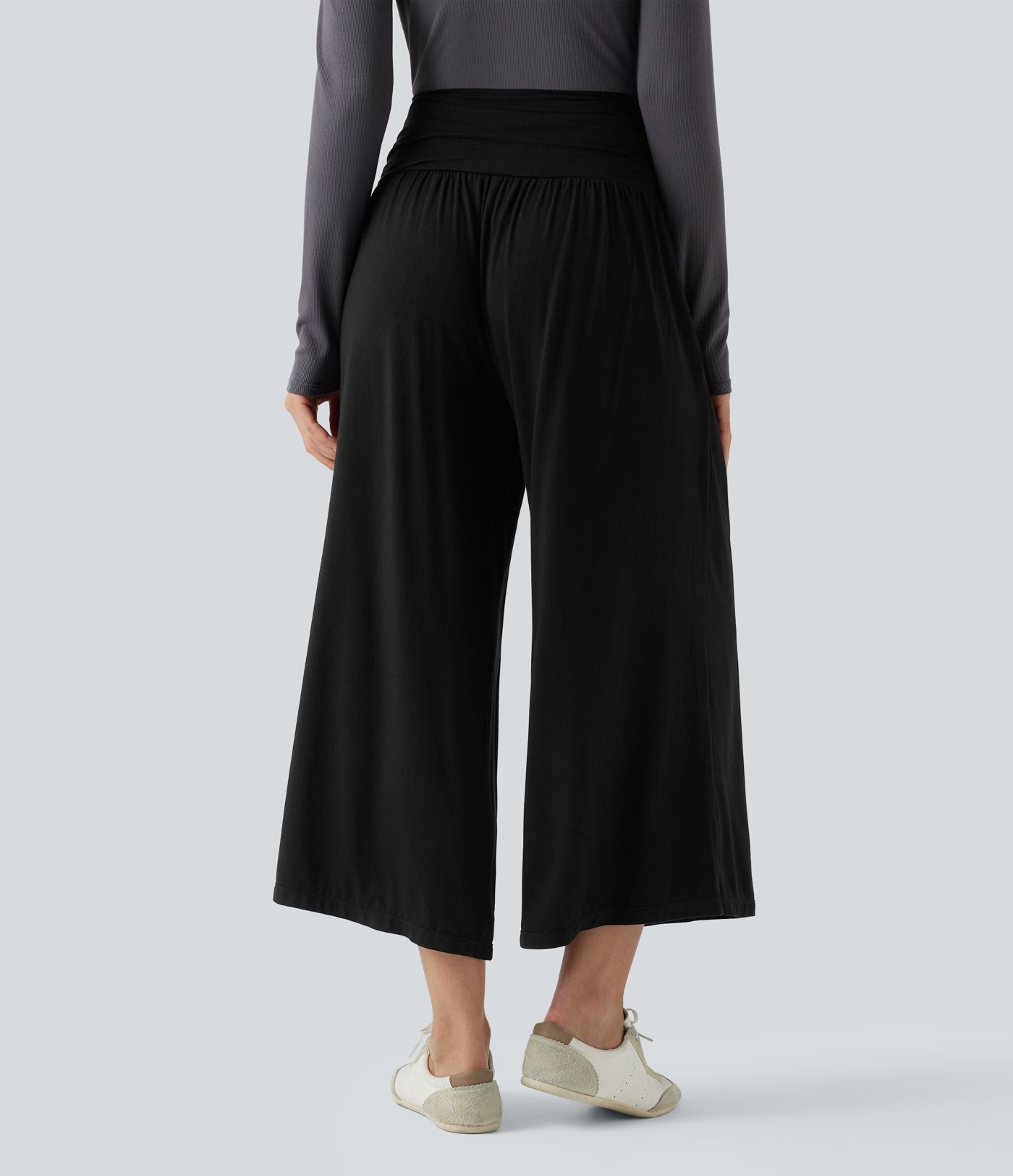Pantalon casual 7/8 large taille haute à fronces avec poches