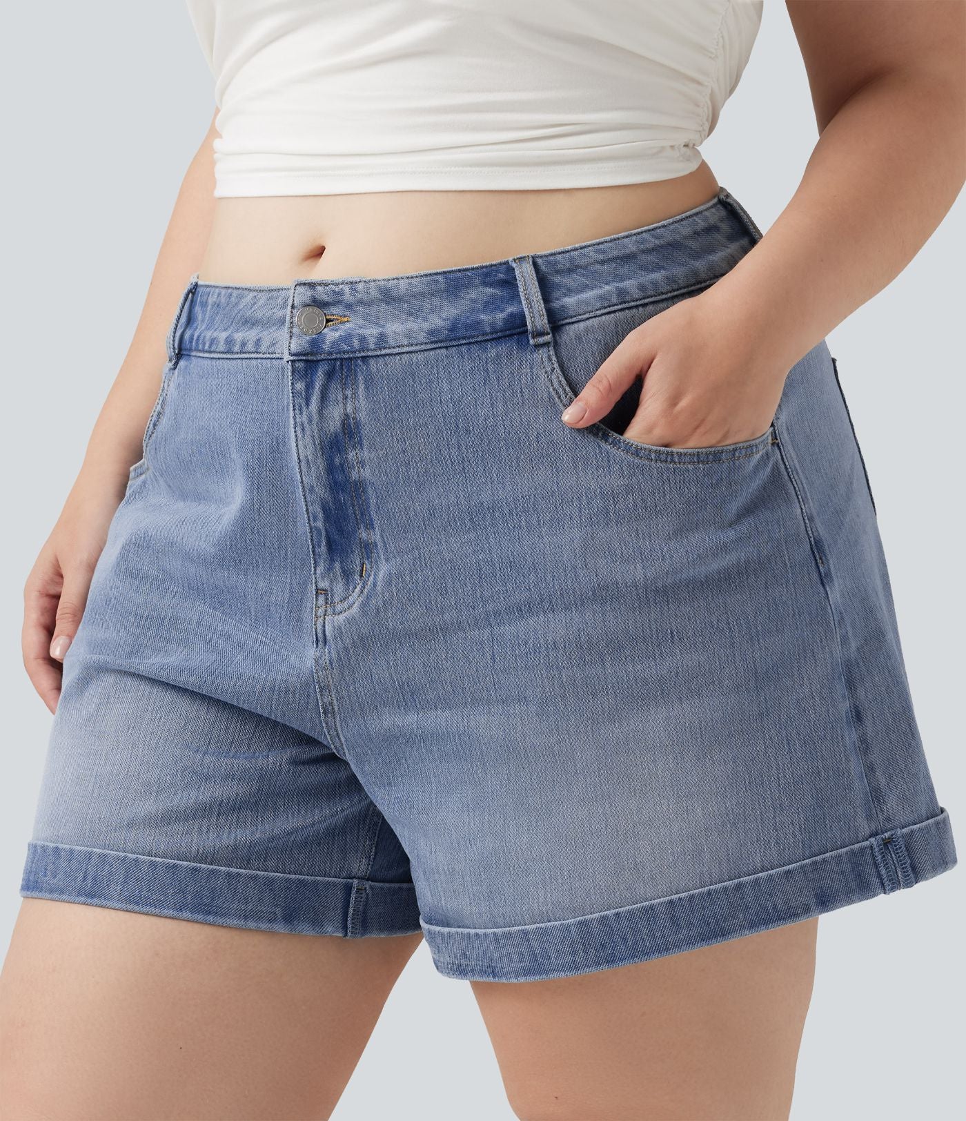 Short jean grande taille Halara Flex™ Denim casual taille mi-haute, ourlets retroussés, avec poches, 12,7 cm