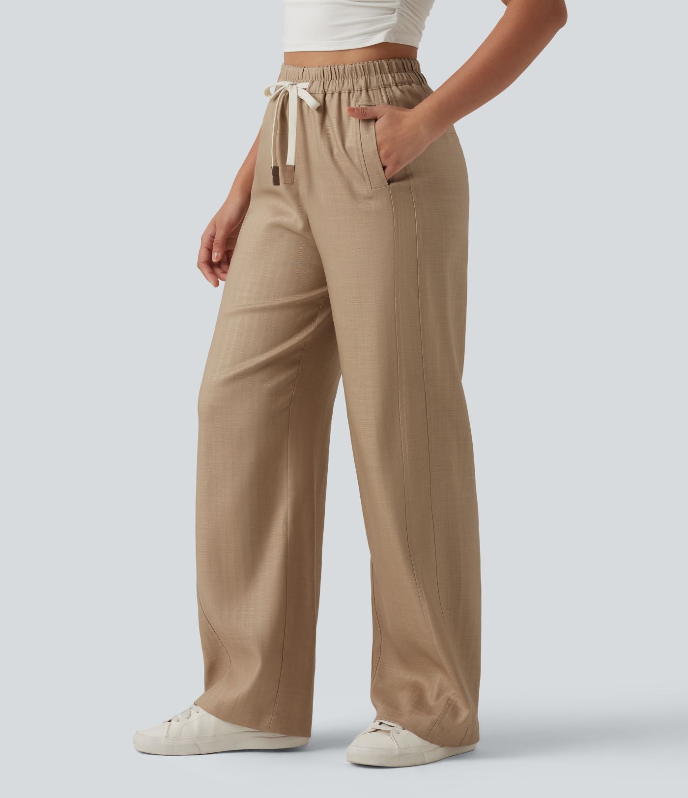 Pantalon large fluide décontracté en lin mélangé taille haute avec cordon de serrage et poches