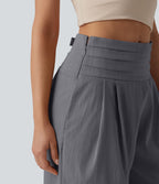 Pantalon large casual aspect lin taille très haute smocké réglable avec poches