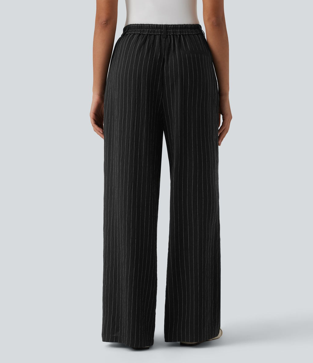 Pantalon bureau taille haute rayé, coupe ample avec poches
