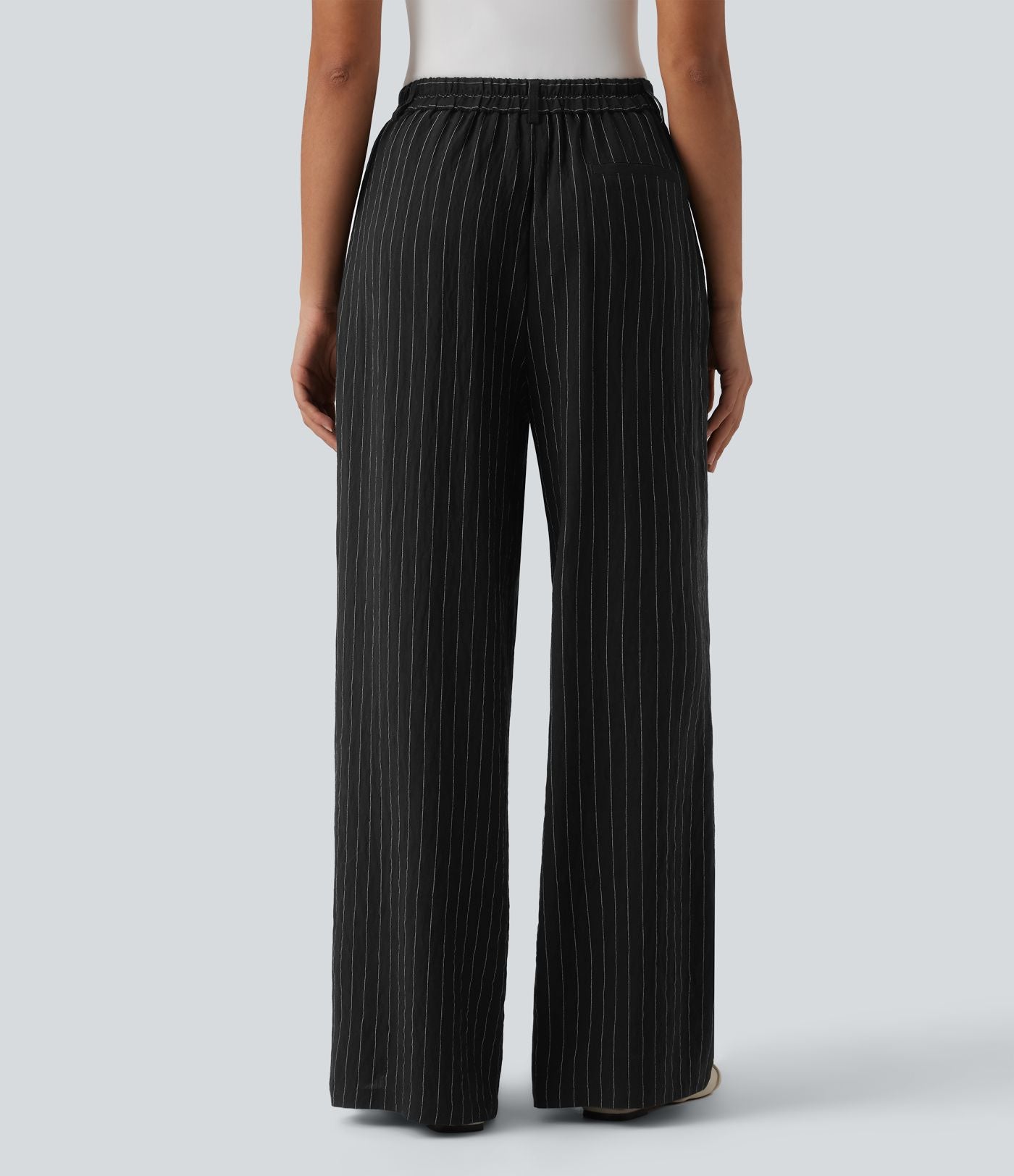 Pantalon bureau taille haute rayé, coupe ample avec poches