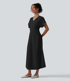 Robe longue tailleur évasée col V à manches courtes avec fermeture éclair invisible et drapé froncé