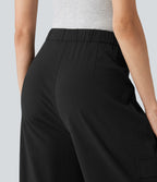 Pantalon cargo décontracté en lin extensible coupe droite taille mi-haute avec cordon de serrage et poches