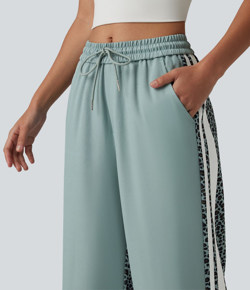 Pantalon ample décontracté taille mi-haute avec cordon de serrage color block rayures léopard contrastant avec poches