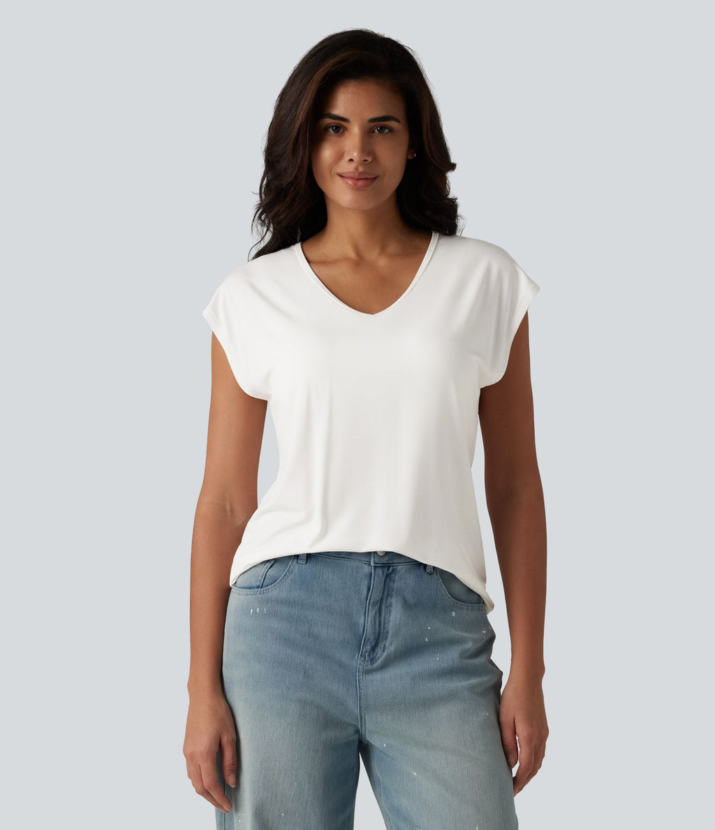 T-shirt décontracté à col V, manches courtes et soutien-gorge intégré bonnets B-DD