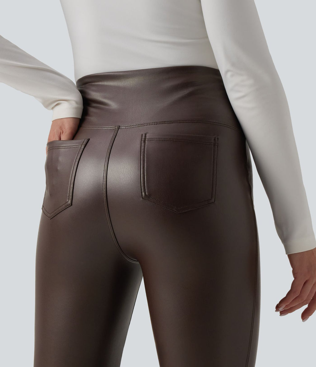 Pantalon évasé décontracté gainant taille haute extensible en molleton PU avec poches