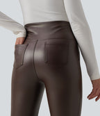 Pantalon évasé décontracté gainant taille haute extensible en molleton PU avec poches