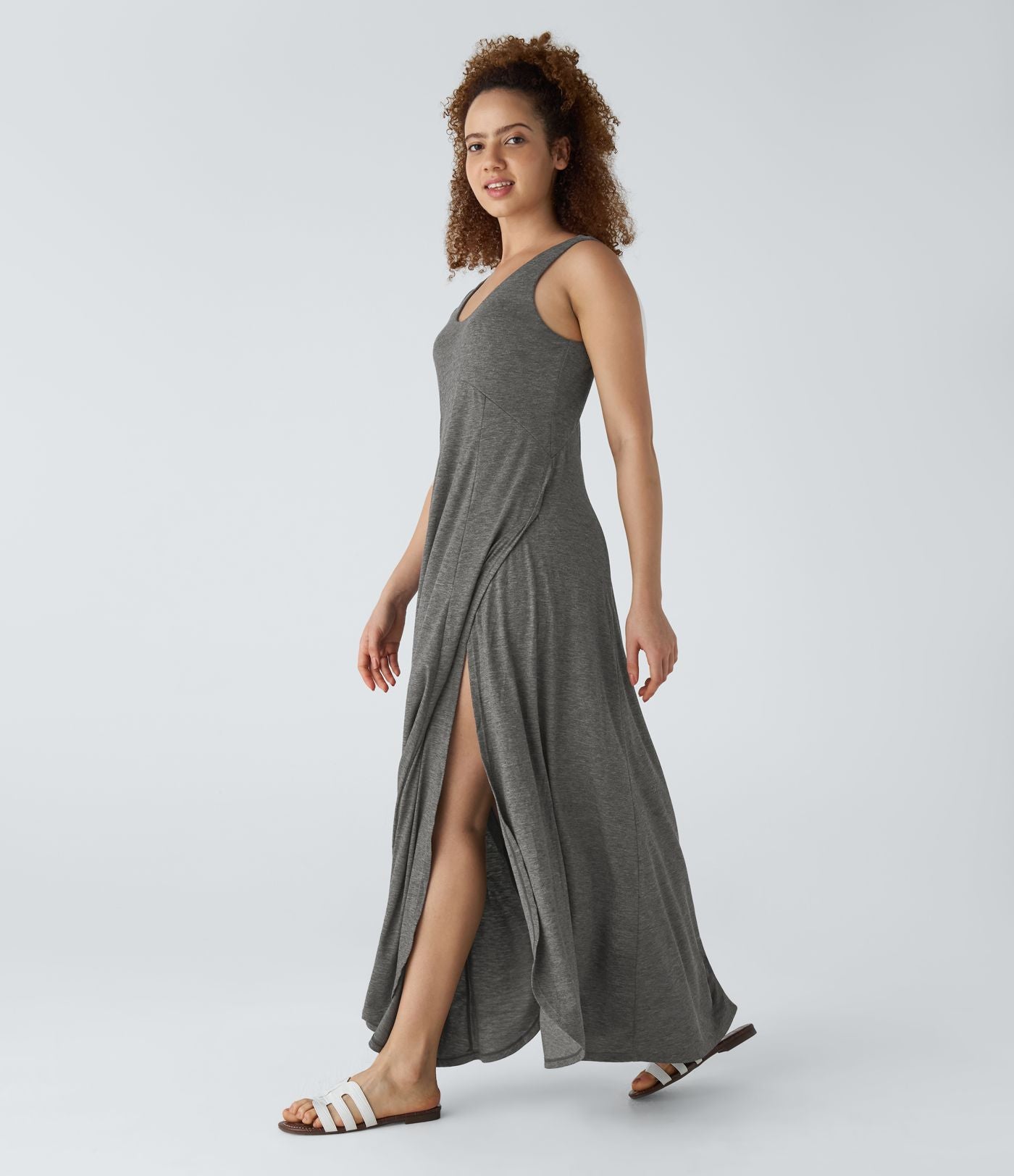Robe Casual Débardeur Longue Fluide Fendue Dos Nu à Col en U