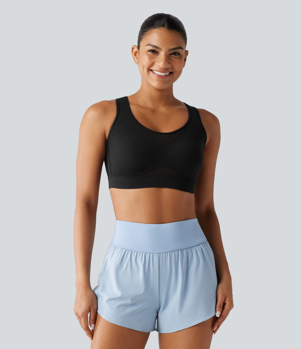 Brassière de sport d'entraînement maintien fort en mesh contrasté avec boucle ajustable et coussinets non amovibles