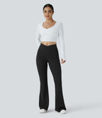 Pantalon décontracté évasé en maille gaufrée, taille haute, avec poches croisées