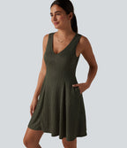 Robe débardeur mini casual évasée col V en maille côtelée avec poches