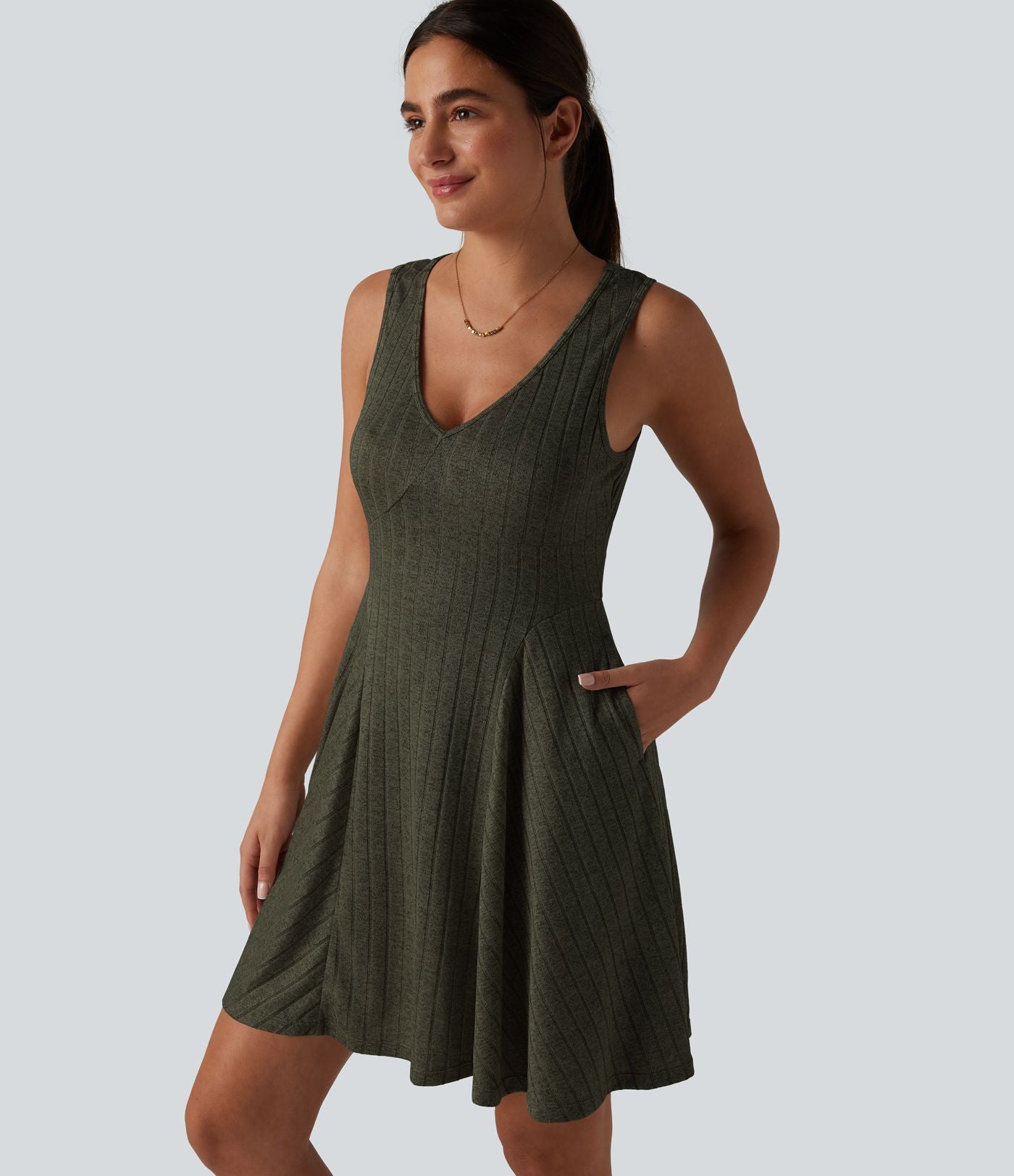 Robe débardeur mini casual évasée col V en maille côtelée avec poches