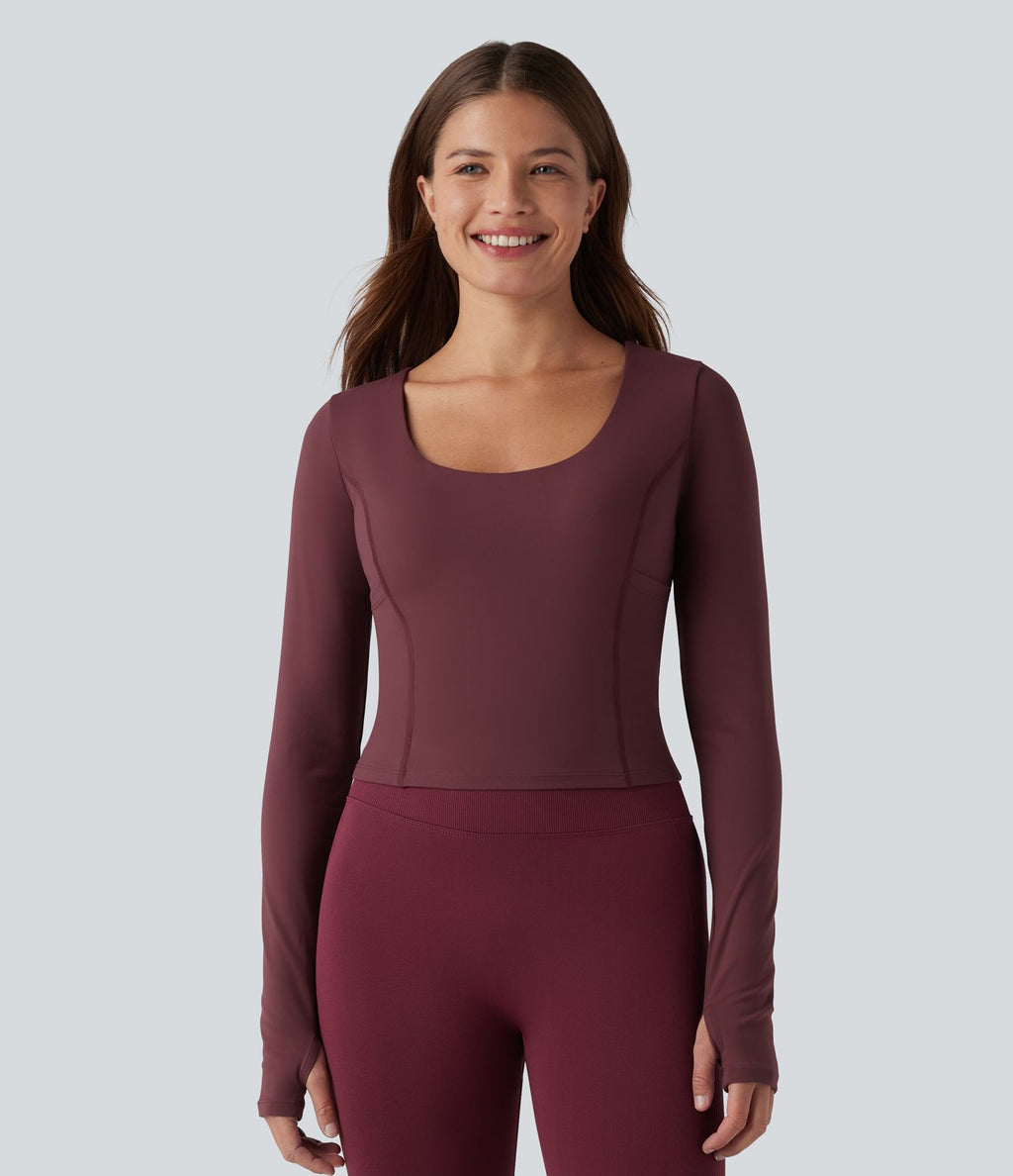 Haut de yoga SoftlyZero™ Plush push-up à col arrondi, manches longues, trous pour les pouces et poches